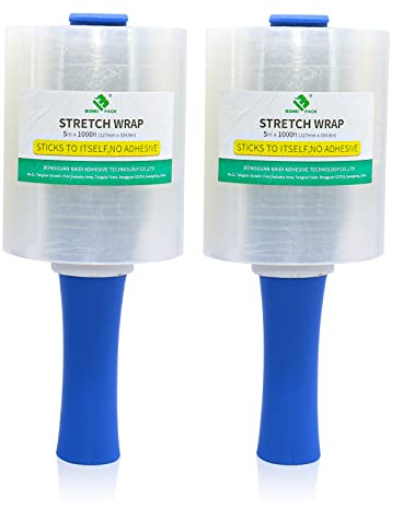 2 Rotoli di Pellicola Estensibile Con Manico in Plastica, Pellicola Trasparente Per Pallet 5 x 1000 Piedi Per Pallet, Materiali in Movimento e Pellicola Termoretraibile, Confezione. BOMEI PACK