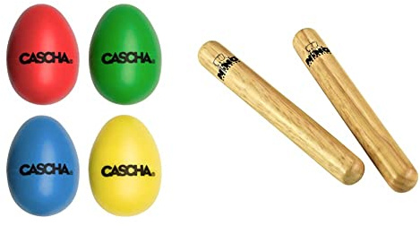 CASCHA Egg Shakers Rasseleier I Percussion Musikintrument I bunte Musikeier Klangeier I 4 Stück, HH 2003, rot, blau, gelb, grün & Nino Percussion NINO502 Paar Claves aus Holz Größe Small