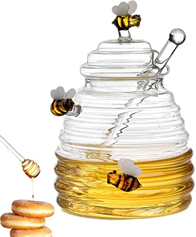 Honigspender,Transparentes Honigglas mit Deckel,Bienenstock-Stil Honigtopf,Glas Honigtopf mit Honigbehälter und Honiglöffel,Honiggläser Zum Servieren von Honig und Sirup für Zuhause,Küche,Geschäft