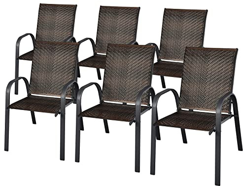 HAPPYGRILL 6 Pack Stackable Dining Chairs Outdoor PE Wicker Patio Arm Chairs with Rustproof Steel Frame, Bistro Deck Chairs for Backyard Garden and Poolside