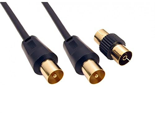 ALIDA SYSTEMS - 5m Aerial Coaxial Cable with Gold-Plated Connectors, Male to Male RF Coax Lead with Female Adapter Coupler for Freeview, Freesat, Sky, Virgin, BT, You View, Satellite TV - Black