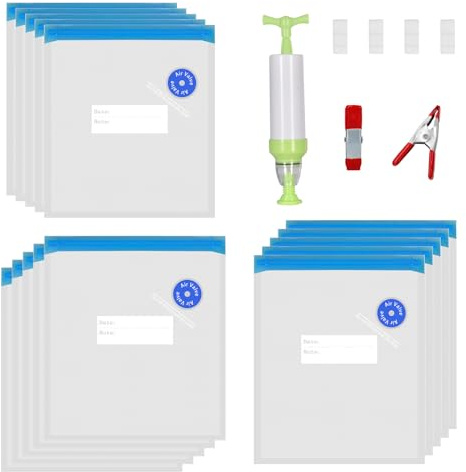 Sacchetti Sous Vide, 3 Misure Sacchetti Sottovuoto Riutilizzabili Alimenti con 4 Clip Tenuta, 2 Clip in Metallo e Pompa Vuoto, Food Vacuum Storage Bag senza BPA per Verdure, Frutta, Carne (22pz)