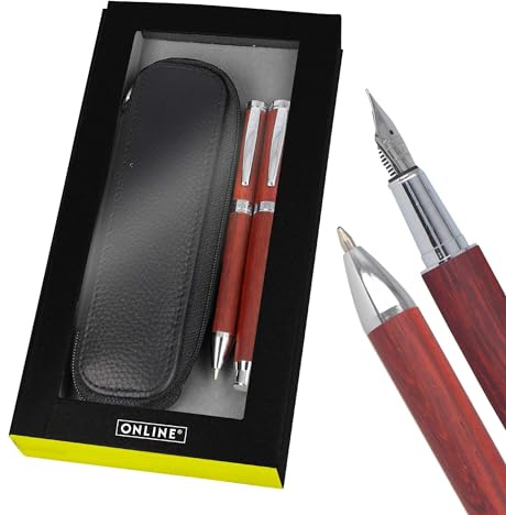 Online Schreibset Füller und Kugelschreiber aus Holz I inklusive Stifte-Etui aus Echtleder I Holzstifte auch Rosewood I Füllhalter, Kuli, Mäppchen in Geschenkbox