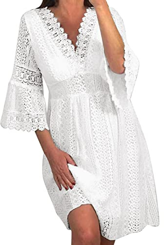 Robe d'été Femme Dentelle, Robe Bohème Chic Femme Grande Taille,Robe de Plage Femme Manches 3/4 Cloche DéContractée Chic Et Elegant Dress Ample Légères Col V Creux Classique Coupe Ajustée Robes