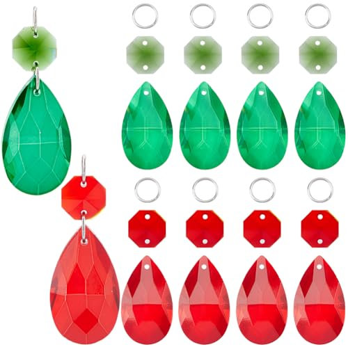 SOFPLATE 1 Caja de 12 Paquetes de Prismas de Cristal En Forma de Lágrima de 38mm Adornos Navideños de Prismas de Cristal Atrapasol de Vidrio Rojo Y Verde Colgantes de Prismas con Enlaces Octogonales