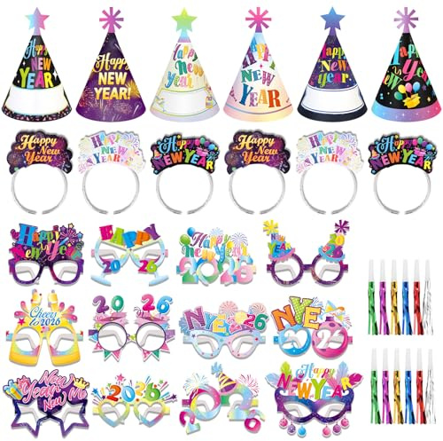 DPKOW Cotillon Nochevieja 2026, 36 Piezas Multicolor Fin de Año Gafas Sombreros de Nochevieja Diadema Feliz Año Nuevo Fiestas Silbatos para Cotillon Fin de Año 2026 Decoración