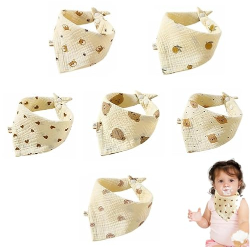 ERFGT 6 Pièces Bavoir Triangle Bébé pour Fille et Garçon avec Boutons Réglables, Triangulaires Unisexes (Beige)