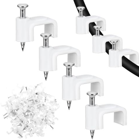 JIEYAO 100 Stück Flache Kabelklemmen Nagelschellen, Kabelklemmen mit Stahlnagel 8 mm Kabelhalter Wand Kabel Befestigungen Cable Clamp Weiß Kabelclips Kabelmanagement für Flachkabel
