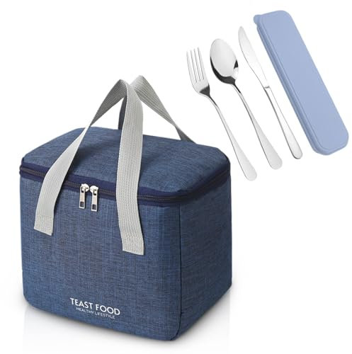 DIYJEP Insulation Lunch Bag with Portable Cutlery Set for Adults Kids Men Women, Leak-Proof Lunch Box Bag,Reusable Heat Cold Preservation Pack Lunch Bag for Lunch Foods Picnic School Work (Blue)