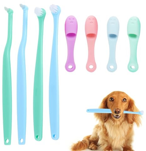 Thoquene 4 Stück Katzen Zahnbürste mit 4 Stück Fingerzahnbürste Hund Set, Weiches Nylon Katzenzahnbürste, Katze Toothbrush