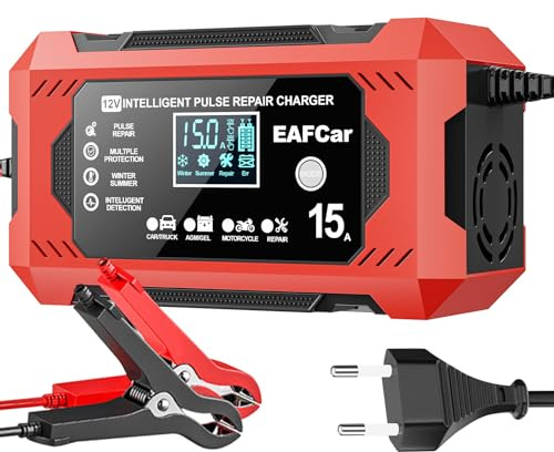 EAFCar 15A Autobatterie Ladegerät, 12V Smart vollautomatische KFZ Batterieladegerät mit Temperaturkompensation für Auto LKW Motorrad Rasenmäher Boot Marine Batterien(15A)