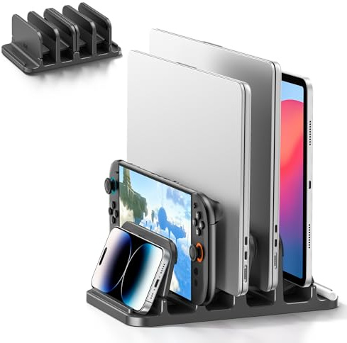 KDD Supporto Verticale Laptop con 3 Scanalature & Chiusura a Gravità, 6 in 1 Porta PC Portatile da Scrivania Salvaspazio per MacBook/Surface/Samsung/HP/Dell/Book/Tablet/Switch e Telefono Cellulare