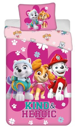 Paw Patrol 'Kind & Heroic' Design Kinderbettwäsche 100% Baumwolle, Paw Patrol Einzelbett-Bettwäsche-Set, Bettbezug 140 x 200 cm + Kissenbezug 50 x 70 cm
