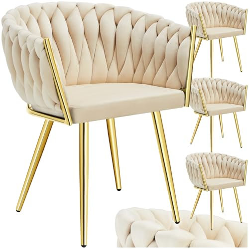 tectake® Samt Stuhl, Schalenstuhl mit Armlehne in Knoten Optik, Esszimmerstühle, Sessel modern für Wohnzimmer, Esszimmer, als Küchenstühle, für Schminktisch, Dining Chair Set - Sand/Gold, 4er Set