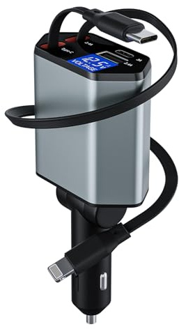 Caricatore Auto Retrattile USB-C 60W, Nuovo Caricabatterie Auto 2025 per Accendisigari, Accessori Auto 4-in-1, Adattatore USB 12V per iPhone 16/15/14/13, Samsung S24/S23, iPad