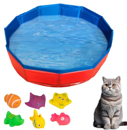 Piscina per gatti pieghevole 30 x 10 cm, con 6 giocattoli, mini piscina per gatti e cani, giocattolo per gatti, piscina per bambini per gatti e cani, mini piscina per l'estate (E)