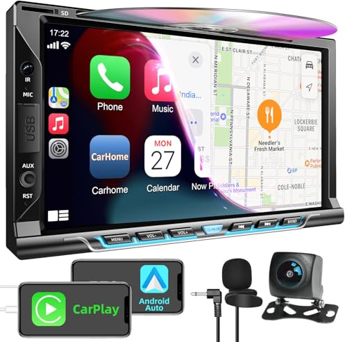 Double Din Car Radio with CD/DVD Player, 7-inch Touch Screen Car Stereo with Wireless CarPlay&Android Auto Support Bluetooth5.2, Backup Camera, Mirror Link, Subwoofer, SWC, AM/FM Car Radio Receiver