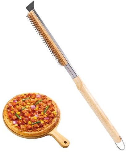 Zorplex Pizzaugnsborste 53 cm med Rostfri Ståls Skrapa, Värmebeständiga Mässingsborst och Trähandtag, Pizza Ugnsborste för Pizzasten, Grillar och Utomhusugnar, Praktiskt Köks- och Grilltillbehör