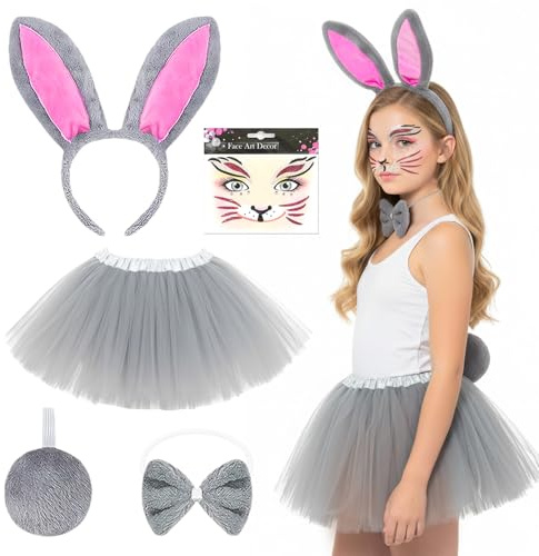 Lot de 5 costumes de lapin, pour enfant, avec oreilles de lapin, bandeau, nœud papillon, queue, tatouage du visage et jupe tutu, pour Halloween, carnaval, anniversaire, fête