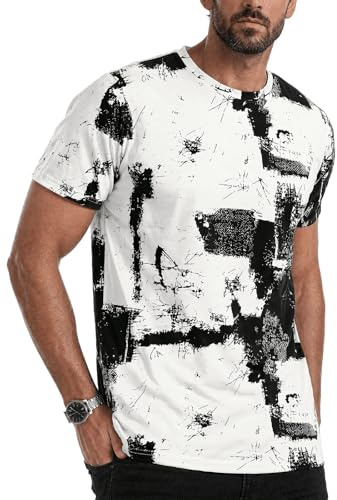 Runcati Maglietta da uomo, a maniche corte, con stampa estiva, girocollo, vestibilità normale, alla moda, vintage, per il tempo libero, bianco, M