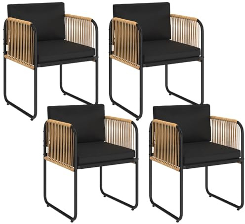 IDMarket - Juego de 4 sillas de jardín Rio con estructura de metal negro, cuerdas con efecto ratán claro y cojines negros