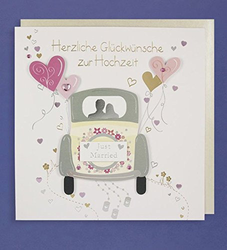 Hochzeit Grußkarte Handmade Applikation Glückwünsche Just Married Hochzeit auto mit Herzen 21x21cm