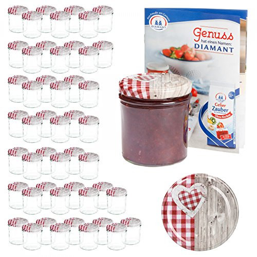 MamboCat 50er 350 ml Sturzglas-Set | Einmachgläser + Twist-Off-Deckel Holz-Herz rotkariert + GRATIS Rezeptheft | einkochen & konservieren | Vorratsgläser | backofengeeignet