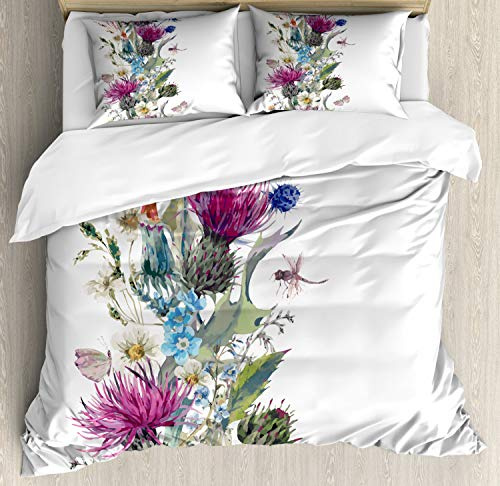 ABAKUHAUS Thistle Duvet Cover Set, Vintage Herbal Border, Bedding Set 3 Pieces with 2 Pillow Shams, 200 x 200 cm - 70 x 50 cm, Multicolor