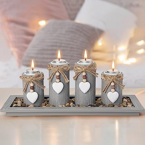 GoMaihe Candle Holder Set of 4 with Wodden Tray, Tealight Holders Candlestick Holder, Table Centerpiece Home Decor Living Room Bedroom Decoration Mum Gift Birthday Wedding Christmas Party Ornaments