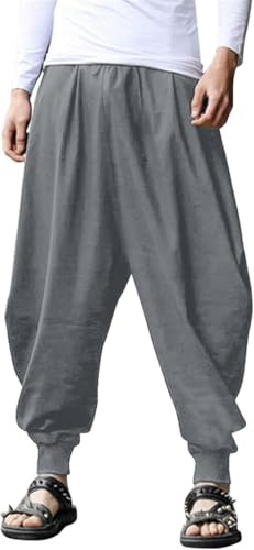 COOFANDY Men Hippie Harem Pants Baggy Linen Cotton Boho Yoga Pants Summer Beach Pants Casual Drop Crotch Trouser, Dark Grey, Medium