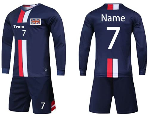 Personalised Football football Kit for Kids Adults with Any Name Number Team Logo Personalised Football Shirts (Sapphire blue long)