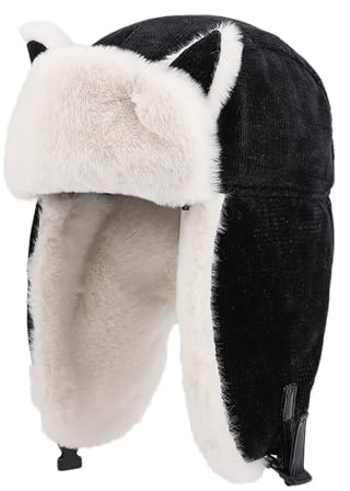 ITODA Unisex Kids Teens Trapper Hat Warm Winter Earflap Hats Faux Fur Russian Trooper Hats Boys Girls Corduroy Windproof Snow Ski Snowboarding Cycling Hat with Ear Flap for Children Age 6-12 Black