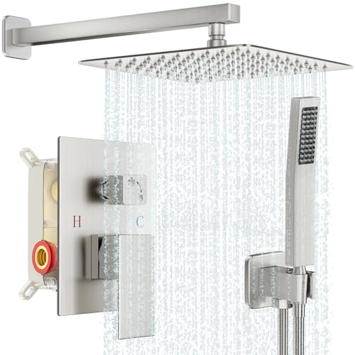 Baetuy Shower Faucet Set Bathroom Square Rain Shower Head and Handle Set, Wall Mounted Shower Fixtures With Shower Valve and Trim Kit 10 inch Brushed Nickel