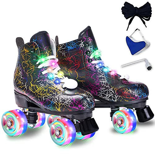 Roller Skates Women Men - Microfiber Leather Roller Skate Classic High Top Double Row Roller Skates for Indoor Outdoor with Light up Shoe Laces (Flash Wheel, 44-US Men 10= Women 11)