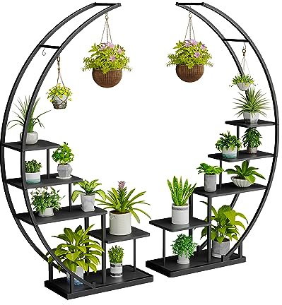 Ribelli - Scaffale per piante in metallo a 5 livelli a mezzaluna, 172 cm, scaffale per piante con 5 ripiani e ganci, scaffale alto per fiori a gradini con protezione antiribaltamento per balcone