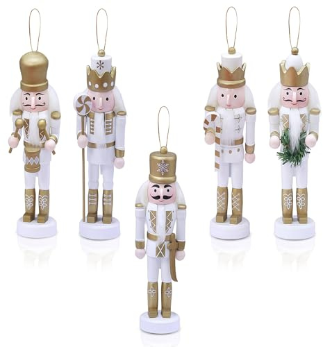 5pcs 12cm Small Wooden Gold Nutcracker Soldier Christmas Nutcracker Figures Hanging Ornaments,Nutcracker Christmas Decorations,Mini Nutcracker Soldier Puppet Doll Pendant for Tree Tradition Xmas Decor