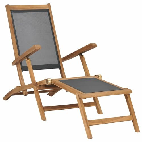 Homgoday Tumbona con reposapiés, madera maciza de teca, color negro