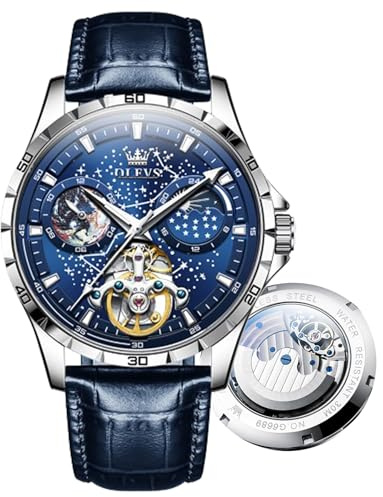 OLEVS Mens Automatic Watches Starry Sky Skeleton Tourbillon Self Winding Mechanical Wrist Watch，Waterproof and Luminous Stainless Steel Precision Watch Strap (6689-Blue dial and Blue Belt)