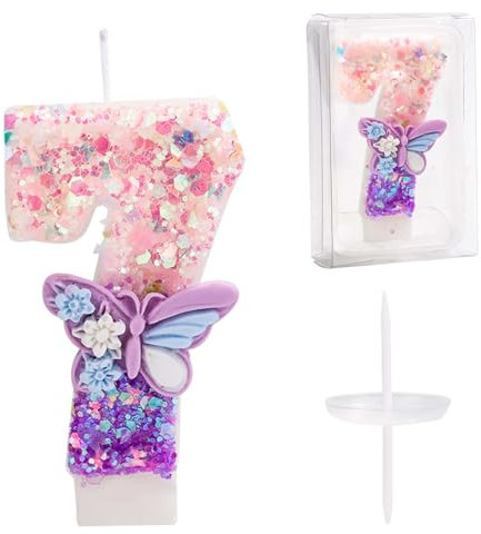Zahlen Kerzen Torte, 7,2cm Schmetterlings Geburtstagskerzen für Kuchen Glitzer Zahlenkerze mit Pailletten Kuchenkerzen für Mädchen und Frauen Jubiläumsfeier Partyzubehör (Zahl 7)