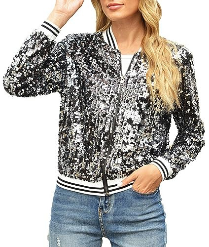 Blouson Bomber Femme Veste Paillettes Femme Chic Et Elegant Décontracté Sport Manteau Mince Biker Moto Zipper Court Fleur Imprimer Veste Chic Veste Court Automne Hiver Outwear Manteau De Moto
