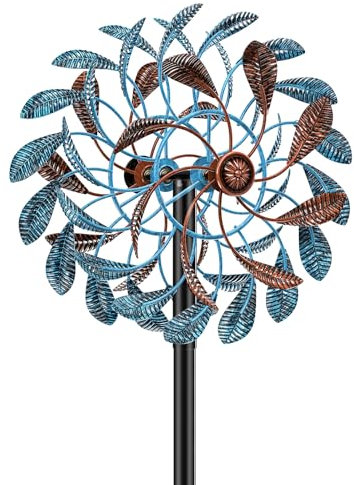 Windrad Garten Metall, Windmühle für den draußen, Windspiel Windblätter 3D Optik, Windspinner Spinner Skulpturen Windfänger für Außenterrassen Patio Rasen (Blau + Braun)