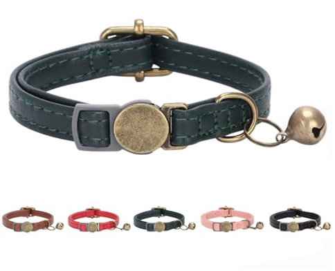 THAIN Leather Cat Collar with Bell Breakaway- Adjustable, Durable, Retro Bell fit Most Cats and Kittens (Dark Green)