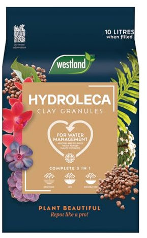 Westland Hydroleca Clay Granules, 10L - Lightweight Ceramic Pebbles for Drainage, Humidity, Compost Mixing, and Decorative Pot Topping (One Pack)