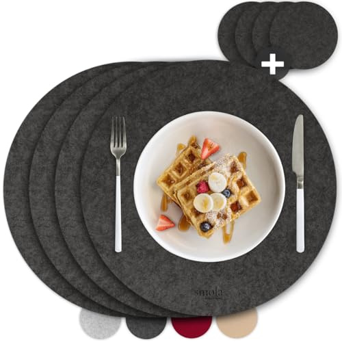 smøla 8-teiliges Premium Filz Tischset - Rund inkl. Untersetzer I Platzset Abwaschbar Grau I Platzset Abwischbar, Platzdeckchen Set mit Filzuntersetzer für Teller, Gläser I Tischdeko Winter, Anthrazit