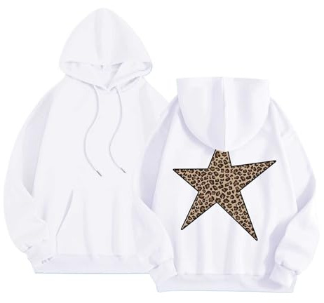 Generisch Felpa con cappuccio da donna con stampa a stelle, motivo leopardato, maglione streetwear, casual, confortevole, felpa con cappuccio in pile per abito invernale da donna arcobaleno