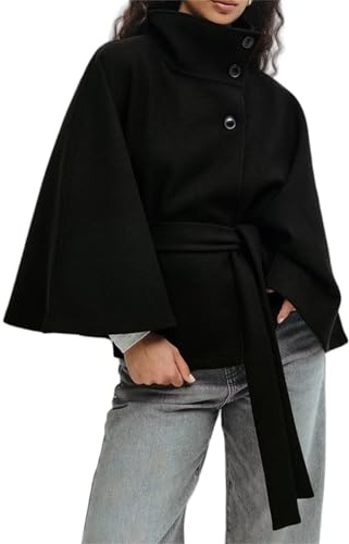 Cinch Cape Jacket Femme Élégant Ceinturé Cape Veste Col Montant Chauve-Souris Cinch Capes Manteau Tendance Casual Caban, Noir , M