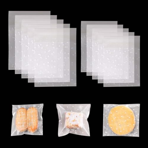 200 Pcs Cookie Bags, Clear Cellophane Bags Self Adhesive Biscuit Bag White Polka Dot Small Cellophane Bag Clear Frosted Plastic Package for Sweet Cookie Biscuit Candy Chocolates (10x10cm&7x7 cm)