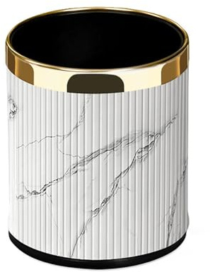 Trash Can Luxury Metal Waste Bin with Leather Cover,Round Open Top Office Wastebasket,Double Layer (Rose Gold with gold ring)