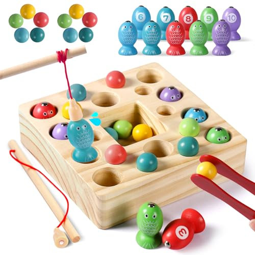 Angelspiel Montessori Spielzeug ab 3 Jahre, Geschenk Mädchen 3 Jahre Junge Kinderspielzeug ab 3 4 5 Jahre Fische Angeln Spiel Magnetspiel Motorikspielzeug Holzspielzeug Lernspielzeug Memory ab 3 Jahre