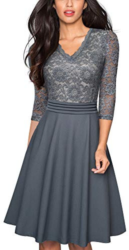 HOMEYEE Damen Vintage 3/4 Ärmel Floral Spitze Gestickte Cocktail Ausgestelltes Kleid A062 (M, Grau)